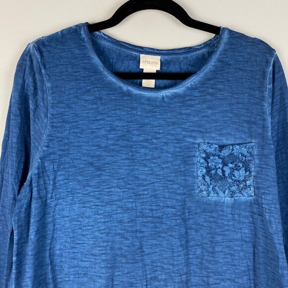 Chicos Burnout Lace Tunic Shirt 2 US Large Blue 3/4 Sleeves Floral - Picture 2 of 9